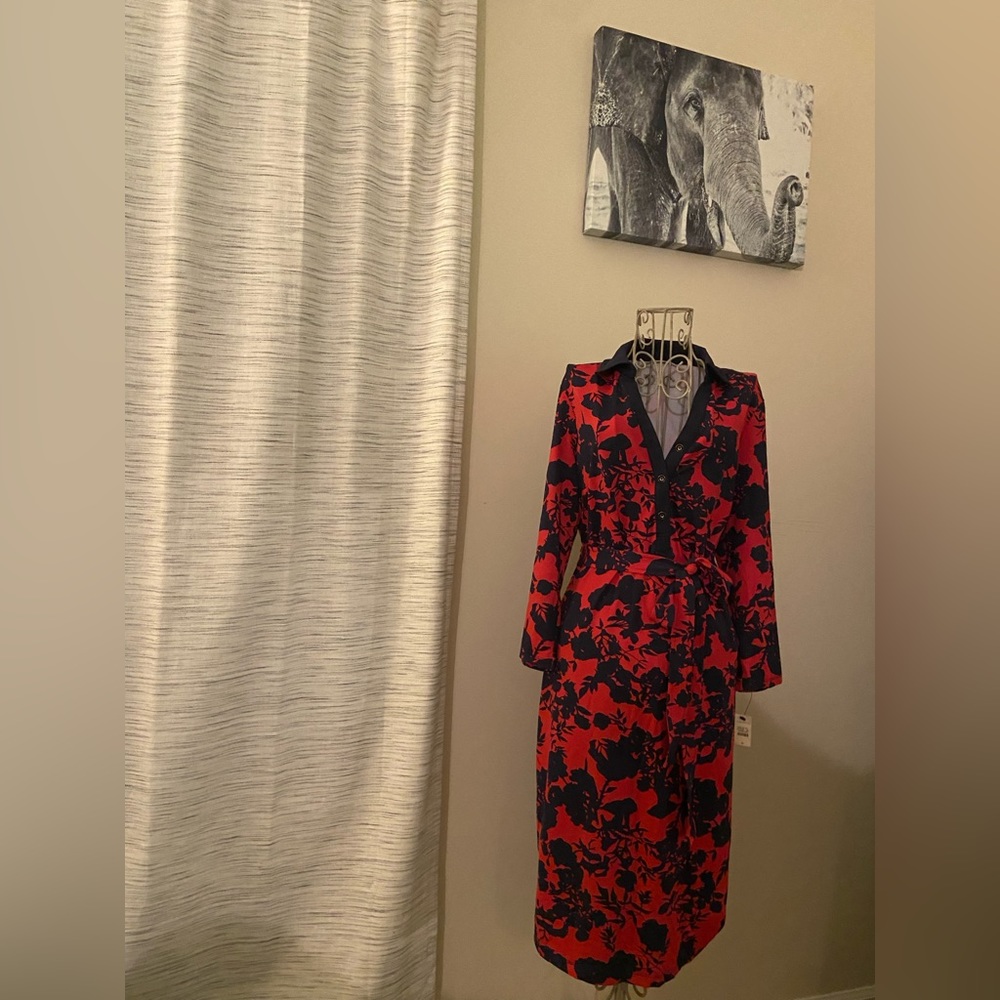 Talbots Red and Navy 3/4 Sleeve Dress with Button Down V-Neck and Belt, Size M